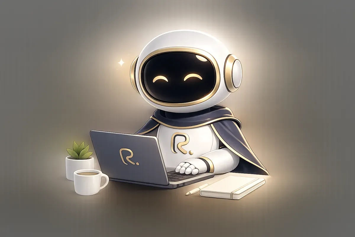 Rivo’s mascot working at a laptop beside a plant and a cup of coffee